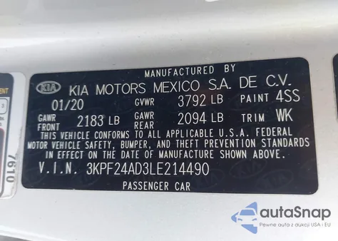 2020 Kia Forte Lxs from USA, damaged, VIN 3KPF24AD3LE214490